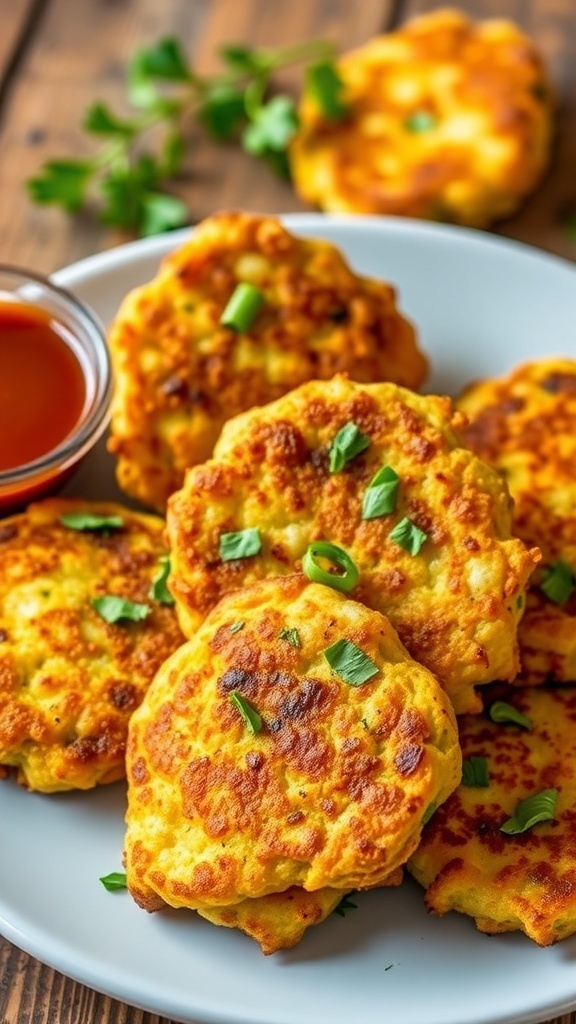 Crispy zucchini fritters garnished with herbs on a plate, served with dipping sauce.